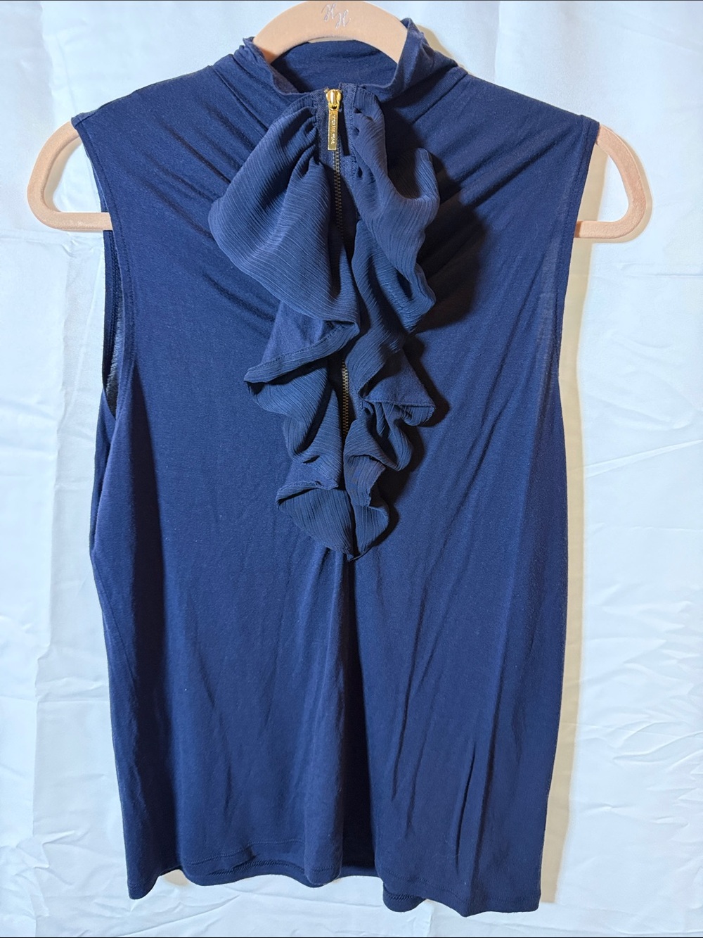 Michael Kors Navy Sleeveless Ruffle Front Top